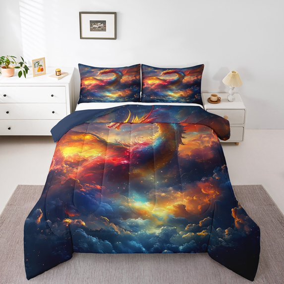 Dragon Comforter Set ,Fantasy Dragon Bedding Set Exotic Animal Wildlife Quilt Bedding Sets Rainbow Starry Sky Clouds Quilt Set Magical Dragon Theme Room Decor