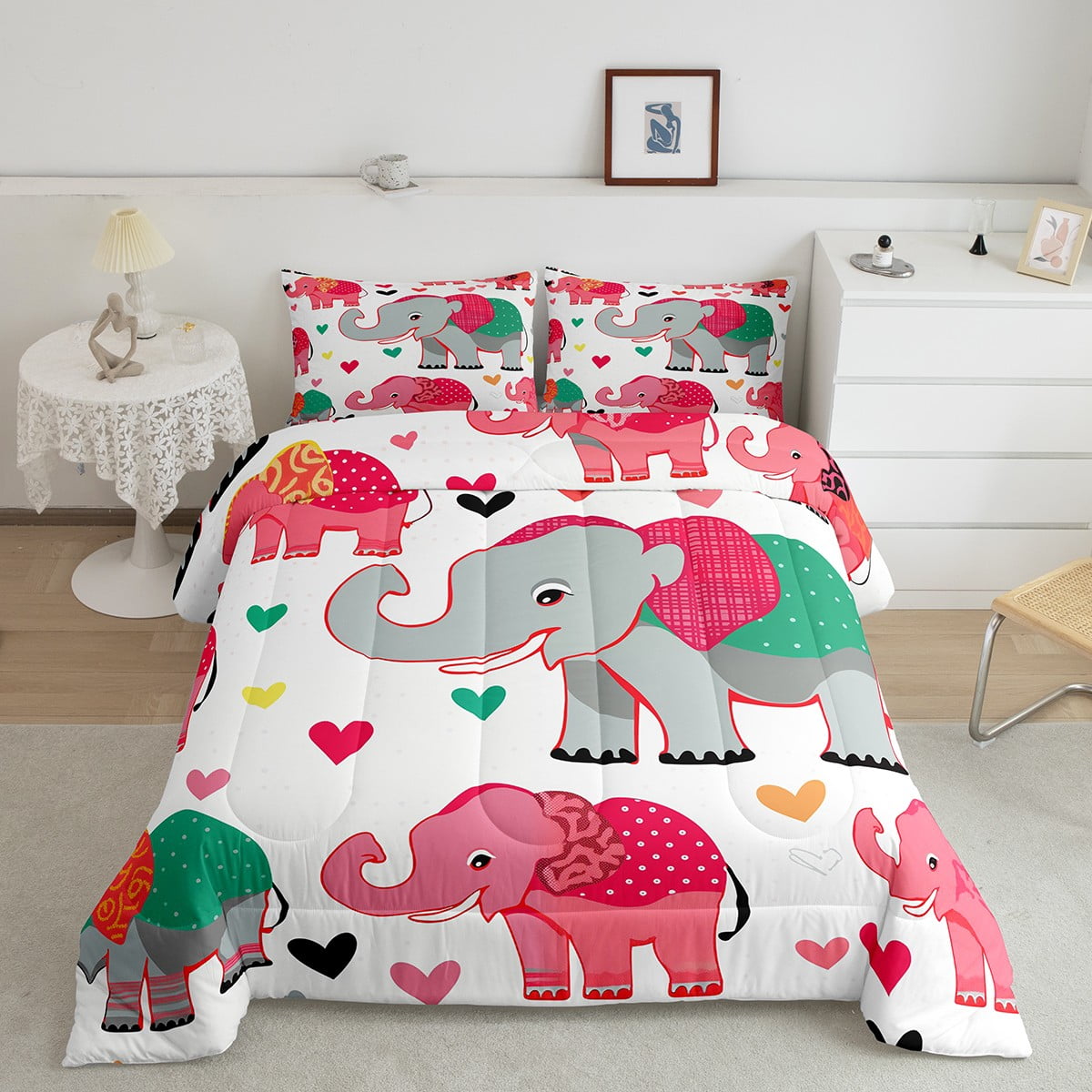 YST Kids Elephant Bedding Set Queen For Kids Girls Pink Grey Animal ...