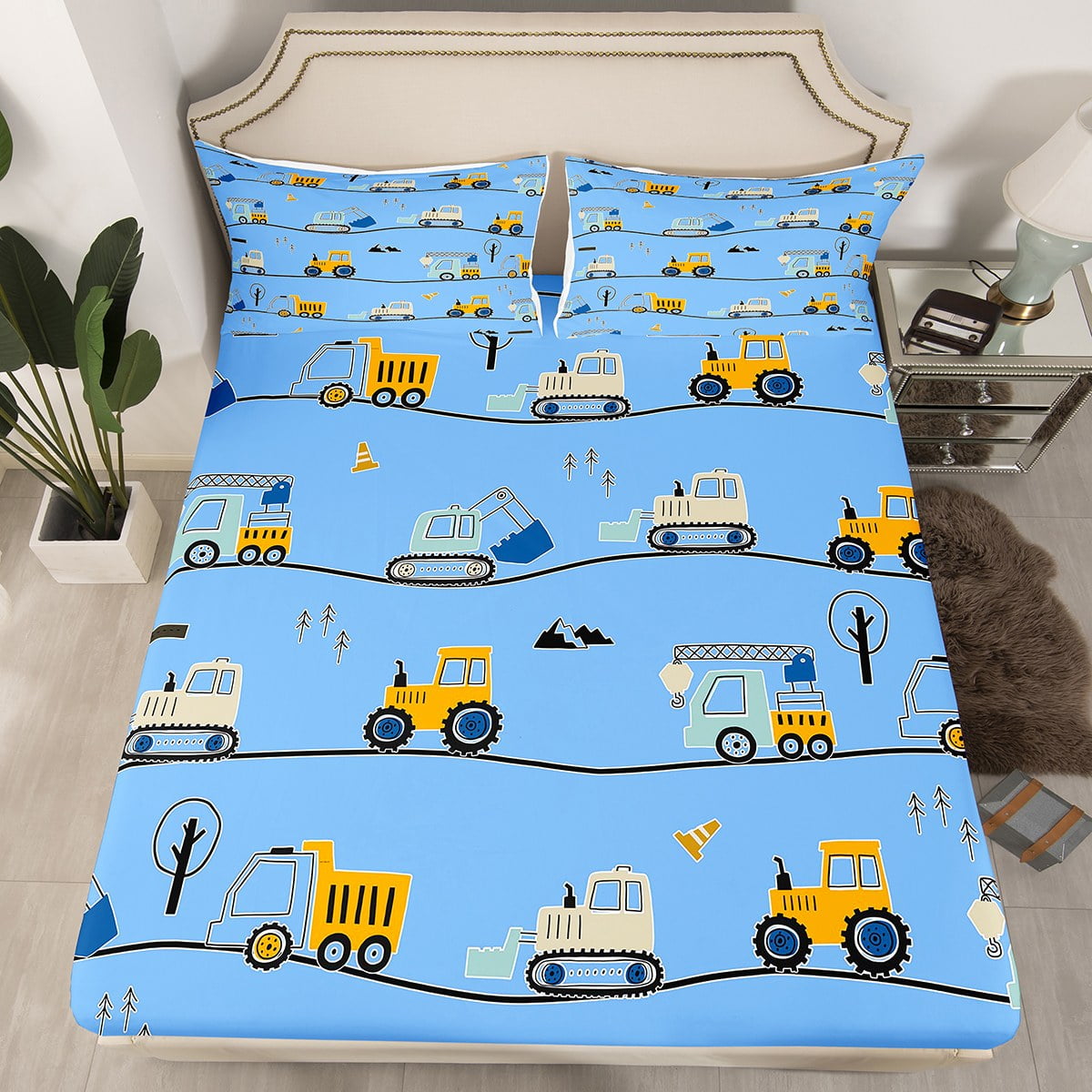 YST Kids Excavator Fitted Sheet Contrustion Bed Sheets Full, Cartoon