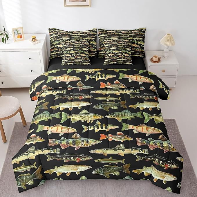 Fish Bedspread Erosebridal Kids Fishing 7 Pieces Bedding Set Twin Size Vintage Pike ...
