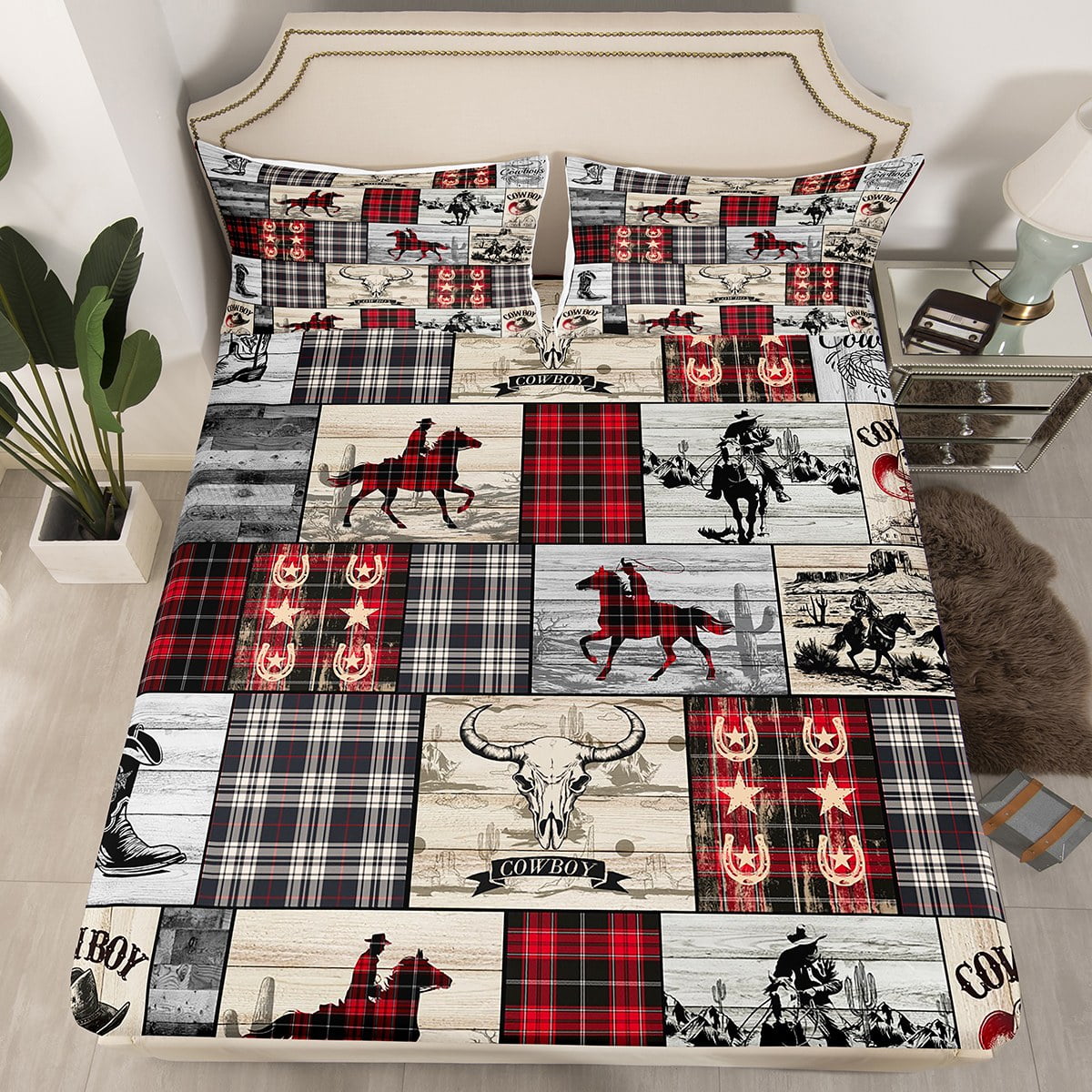 YST Kids Fitted Sheet Western Cowboy Twin Bedding Set For Boys Girls