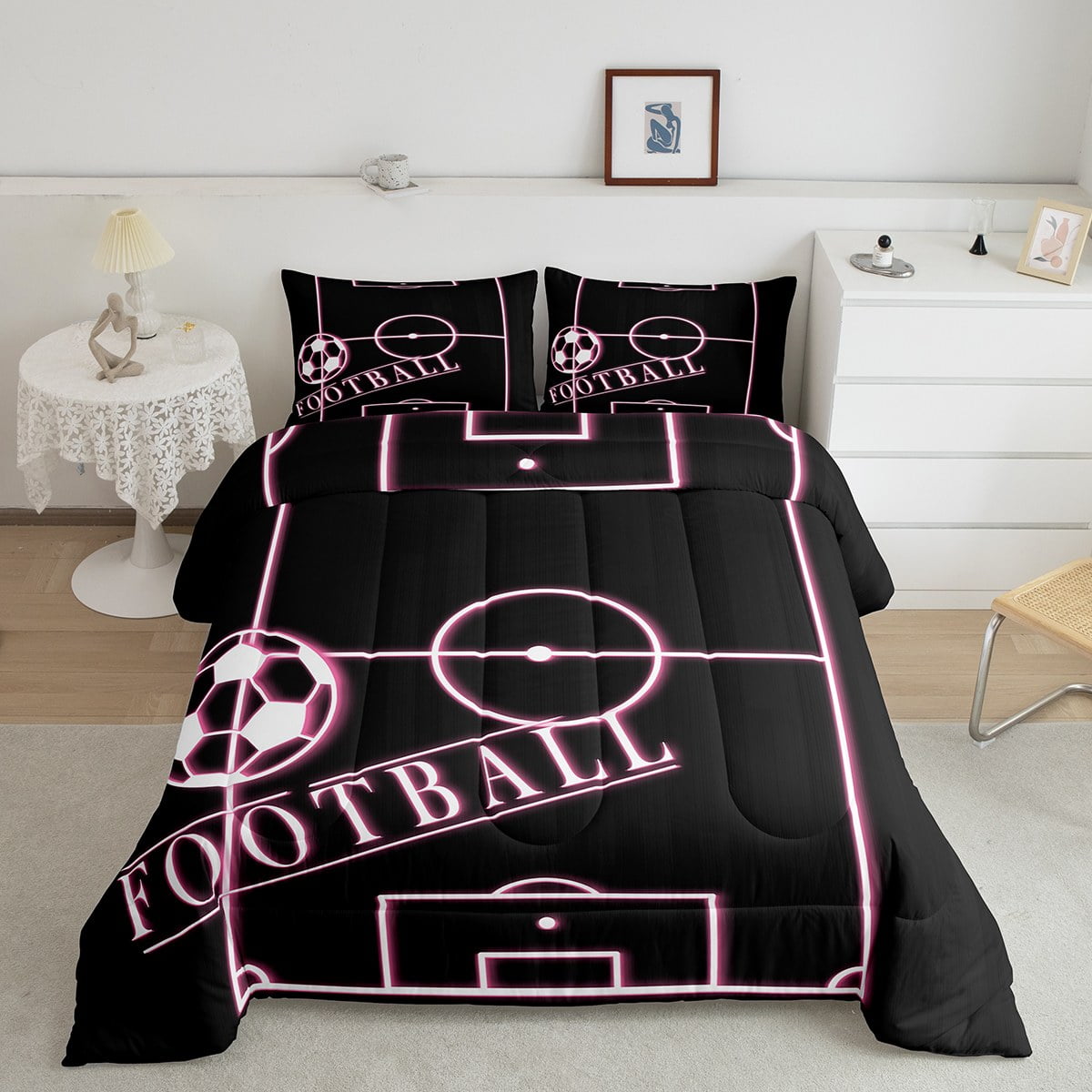 Football Sports Comforter Set - Full Size, Soccer Ball Design, 3-Piece Bedding (Grey/Black) - View #3