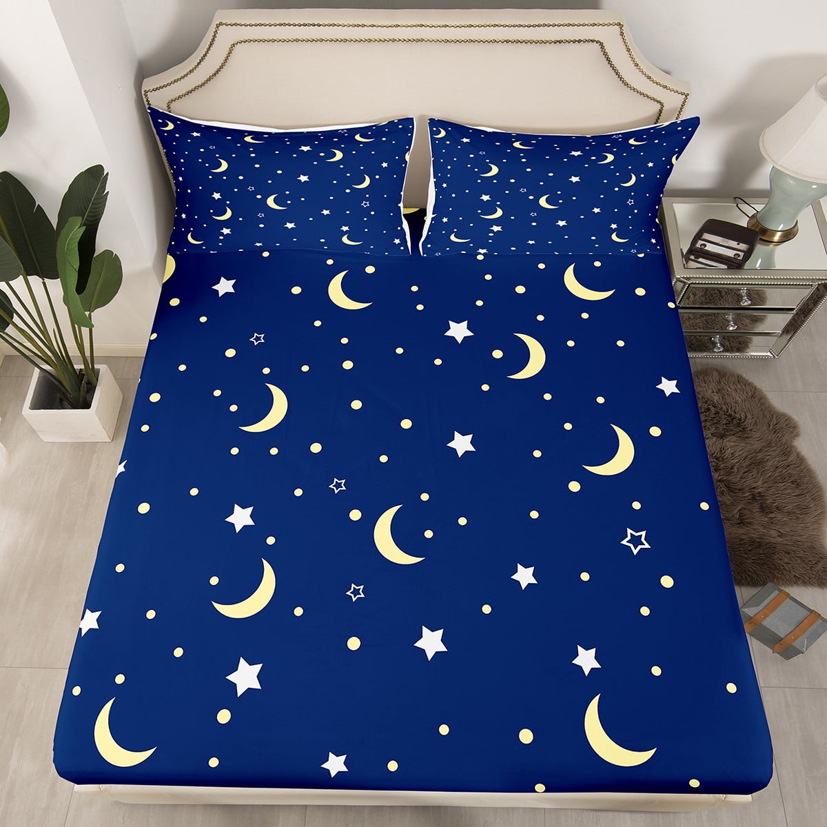 YST Kids Galaxy Fitted Sheet Chic Starry Sky Bed Sheets Queen Size,Glitter Stars Moon Bed Set