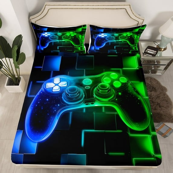 Gamer Bed Sheets Queen,Gaming Fitted Sheet,Video Games Gamepad Sheets Neon Glowing Square Geometric Grid Blue Green Bed Set