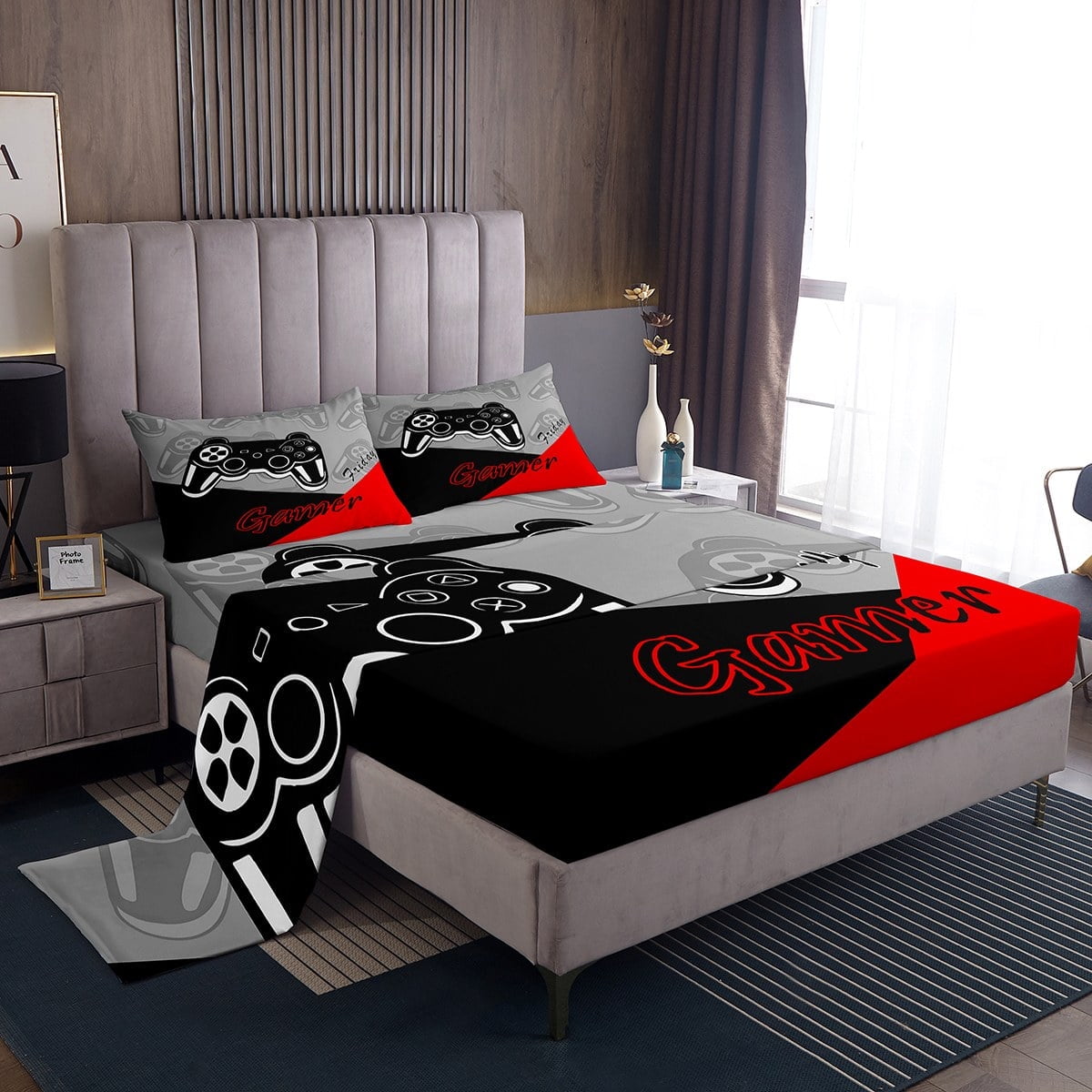 YST Kids Gamer Bed Sheets Set Boys And Girls Gaming Bedding Set Video Game Controller Fitted Sheets 3Pcs Sheets Includes 1 Fitted Sheet & 1 Flat Sheet With 1 Pillowcase Red Black (Twin)