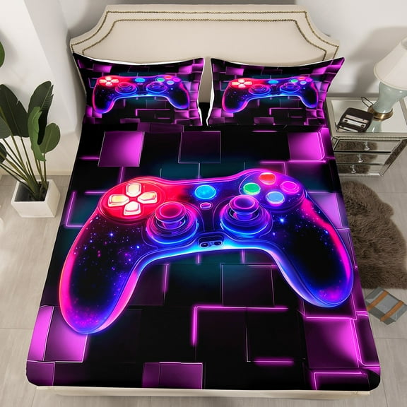 YST Kids Gamer Bed Sheets Twin, Gaming Fitted Sheet, Video Games Controller Gamepad Sheets Neon Glowing Square Geometric Grid Purple Bed Set