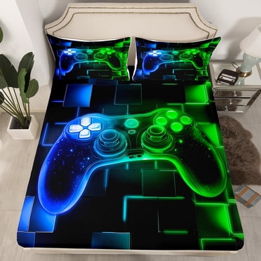 YST Kids Gamer Bed Sheets Twin, Gaming Fitted Sheet, Video Games Gamepad Sheets Neon Glowing Square Geometric Grid Blue Green Bed Set