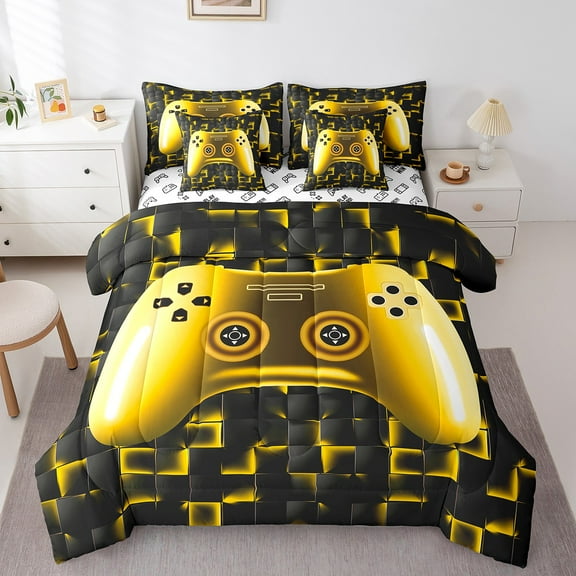 Erosebridal Gamer Bedding Sets 7 Piece Gaming Full Comforter Set Black Gold Geometric Game Console Grids Bed In A Bag For Teen Youth Men Video Game Bed Set Lightweight For All Season
