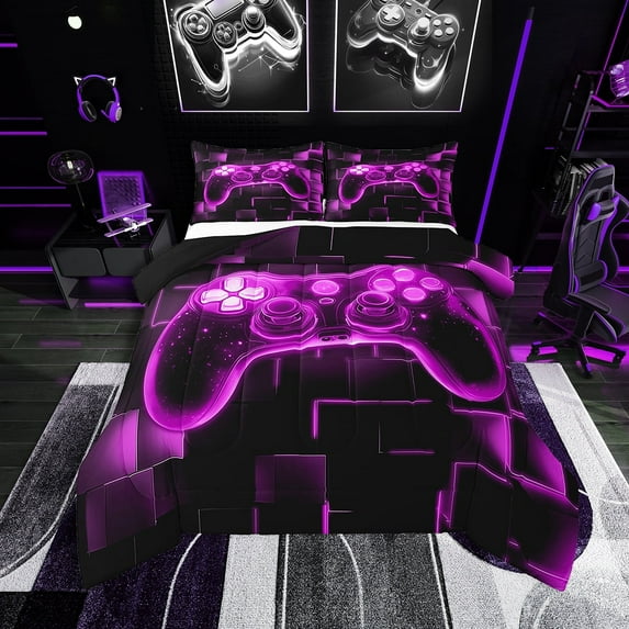 Gamer Comforter Set Full,Gaming Bedding,Video Games Gamepad Bedding Comforter Sets Neon Glowing Square Geometric Grid Purple Bedroom Decor Duvet Insert