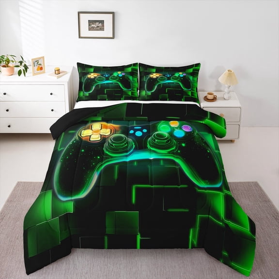 Gamer Comforter Set Queen,Gaming Bedding,Video Games Controller Gamepad Bedding Comforter Sets Neon Glowing Square Geometric Grid Green Bedroom Decor Duvet Insert