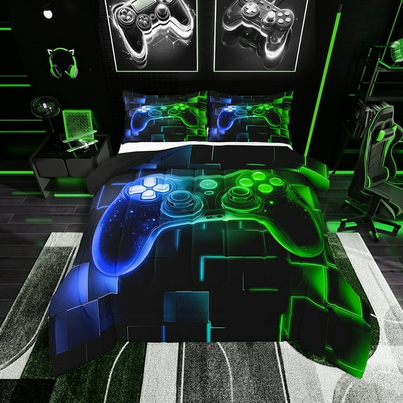 Erosebridal Gamer Comforter Set Twin,Gaming Bedding,Video Games Gamepad Bedding Comforter Sets Neon Glowing Square Geometric Grid Blue Green Bedroom Decor Duvet Insert