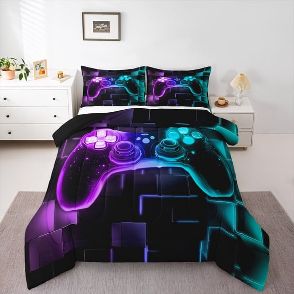 Gamer Comforter Set Twin,Gaming Bedding,Video Games Gamepad Bedding Comforter Sets Neon Glowing Square Geometric Grid Blue Purple Bedroom Decor Duvet Insert