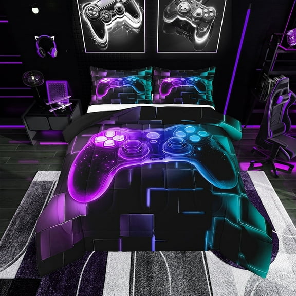 Gamer Comforter Set Twin,Gaming Bedding,Video Games Gamepad Bedding Comforter Sets Neon Glowing Square Geometric Grid Blue Purple Bedroom Decor Duvet Insert