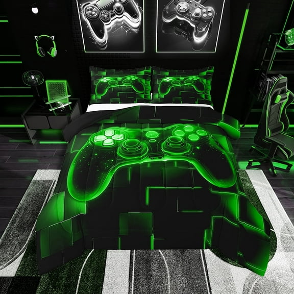 Gamer Comforter Set Twin,Gaming Bedding,Video Games Gamepad Bedding Comforter Sets Neon Glowing Square Geometric Grid Green Bedroom Decor Duvet Insert