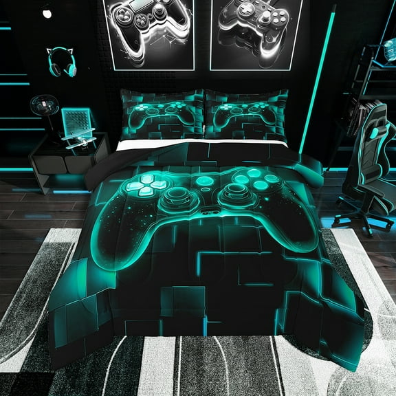 Gamer Comforter Set Twin,Gaming Bedding,Video Games Gamepad Bedding Comforter Sets Neon Glowing Square Geometric Grid Teal Bedroom Decor Duvet Insert