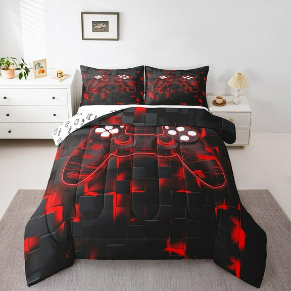 Erosebridal Gamer Full Comforter Set Geometric Neon Grid Bedding Sets,Video Game Down Comforter Classic Black Red Duvet Set Teens Gamepad Bedroom Decoration,Soft 3pcs For All Season