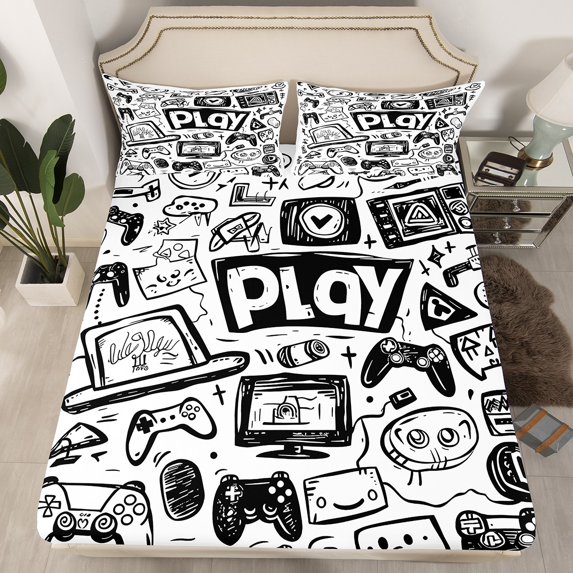 Gaming Bed Sheets Twin,Gamer Fitted Sheet,Gamepad Video Games Sheets Black White Graffiti Bed Set