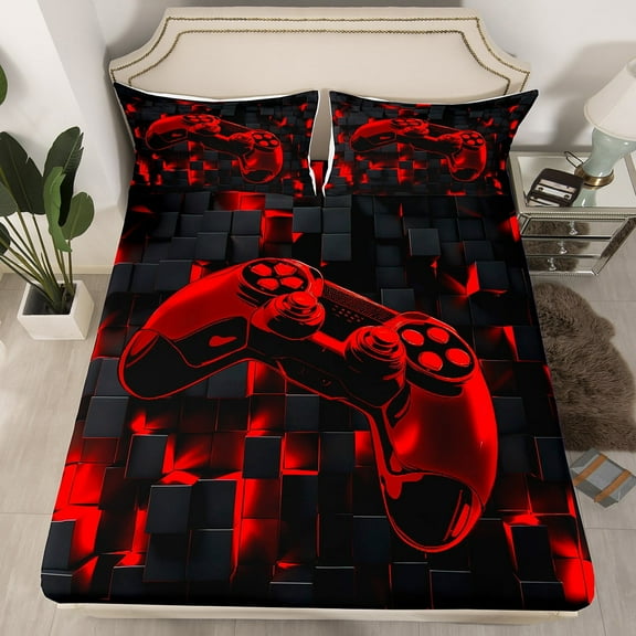 Gaming Bed Sheets Video Game Gamer Fitted Sheet Full Size,Black and Red Bedding Glowing Geometric Grid Sheet,(No Top Sheet)