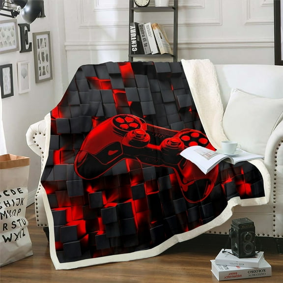 Gaming Blanket Video Game Gamer Throw Blanket for Bed,Black and Red Fleece Blanket 40x50 Glowing Geometric Grid Sherpa Blanket,Gradient Game Controller Fuzzy Blanket