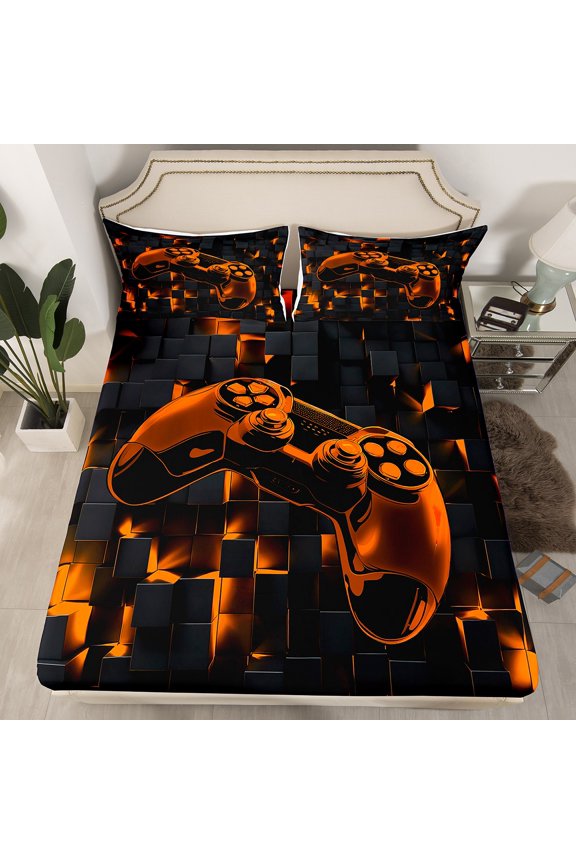 Gaming Gamer Bed Sheets Video Games Fitted Sheet Twin Size,Black and Orange Bedding Glowing Geometric Grid Sheet,Gradient Game Controller Bed Cover 2pcs,(No Top Sheet)