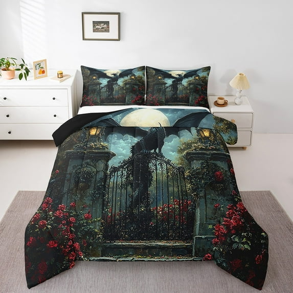 Erosebridal Gothic Dragon Bedding Set Twin,Goth Rose Flower Castle Comforter Set Western Fantasy Dragon Quilt Comforter Night Moon Wildlife Animal Bed Set Halloween Decor