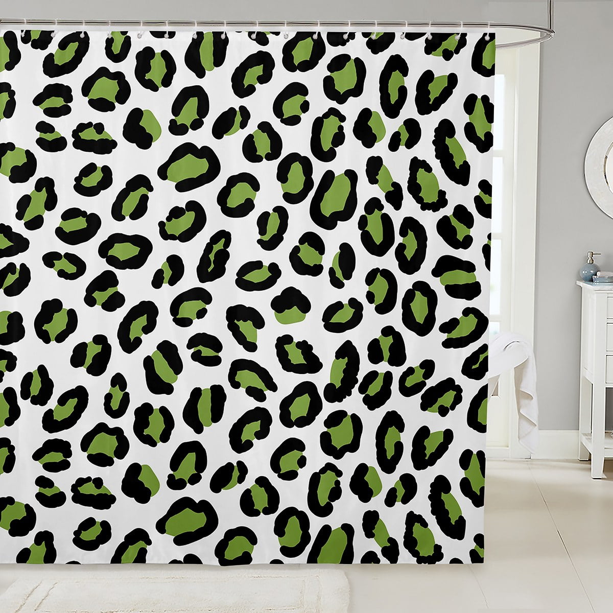 YST Kids Green Cheetah Print Bath Curtain White Leopard Print Shower Curtain, Woodland Jungle