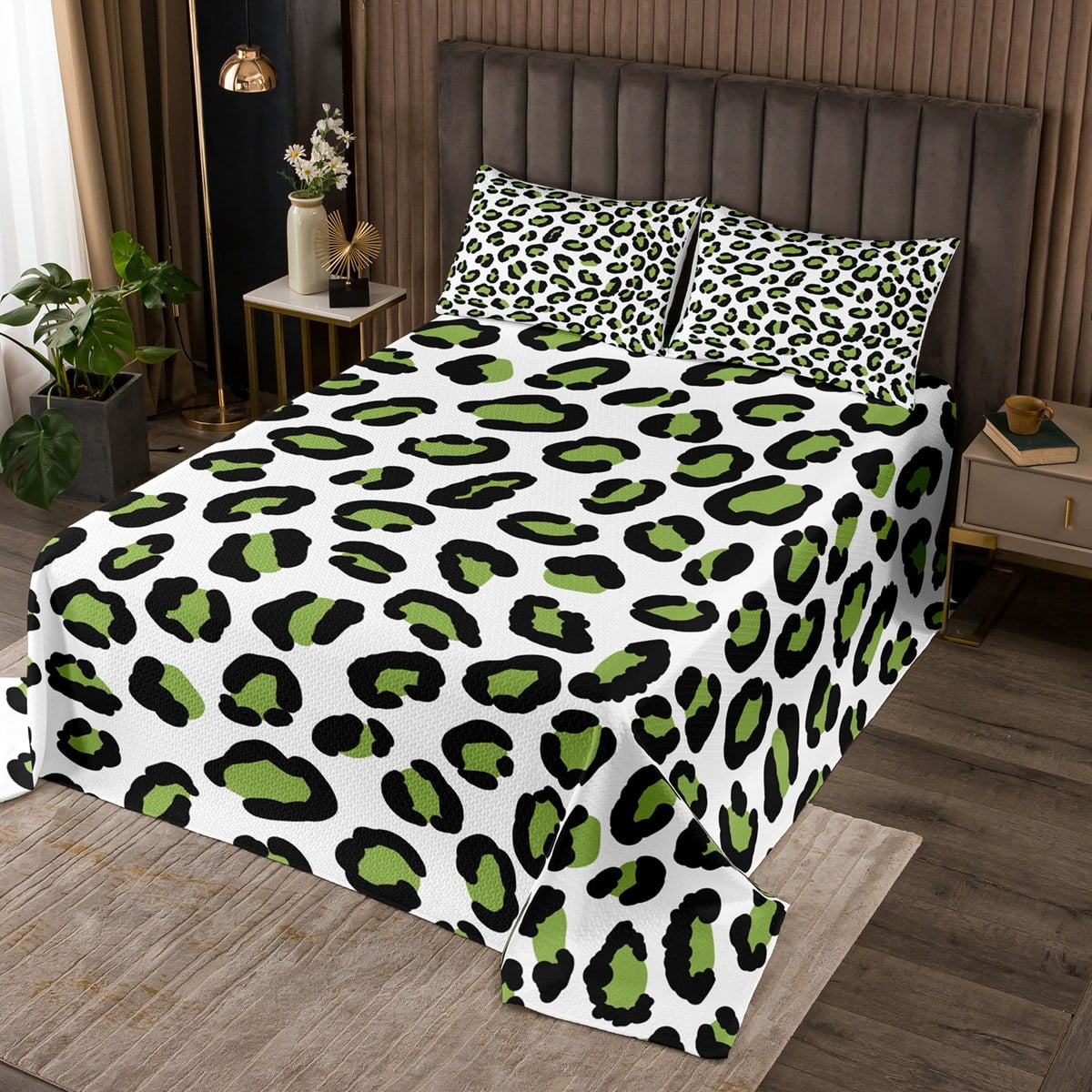 YST Kids Green Cheetah Print Coverlet Twin Size White Leopard Print