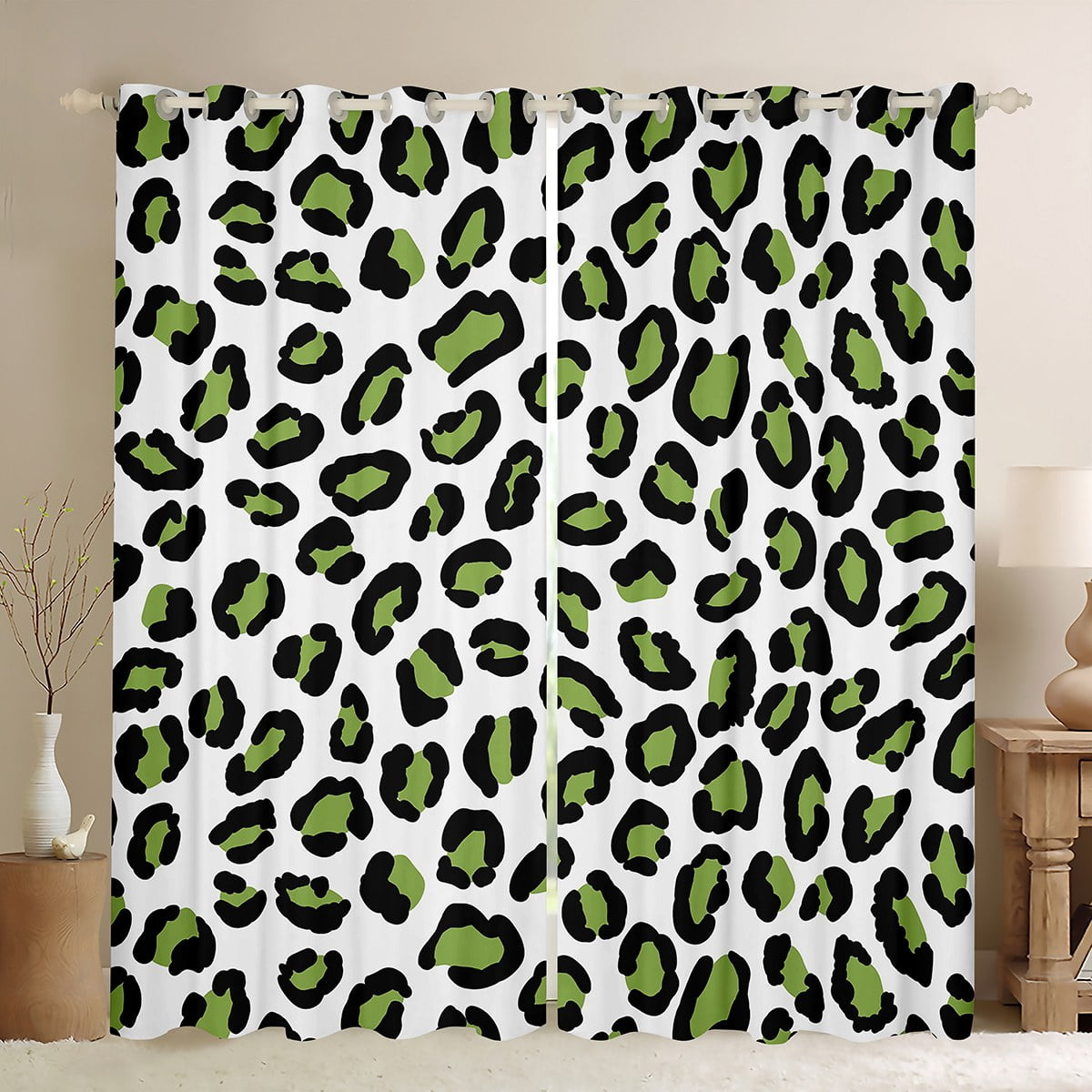 YST Kids Green Cheetah Print Curtains & Drapes White Leopard Print