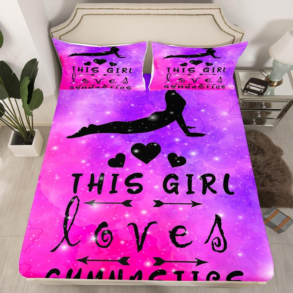 YST Kids Gymnastics Fitted Sheet Twin Size, Glitter Starry Sky Bed Sheets Gymnast Lover Bedding ...