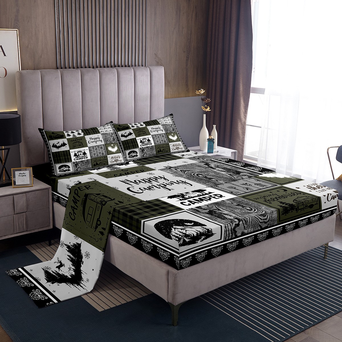 YST Kids Happy Camping Bed Sheets Set Queen,Rustic Rv Camper Bedding ...