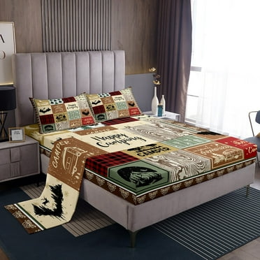 YST Kids Happy Camping Bed&nbsp;Sheets Set Twin,Rustic Cabin Camper Bedding Set for Rv Bunks,Woodland Camping Sheets for Travel Trailer Room Decor,Buffalo Plaid Patchwork Fitted Sheet Set 3Pcs