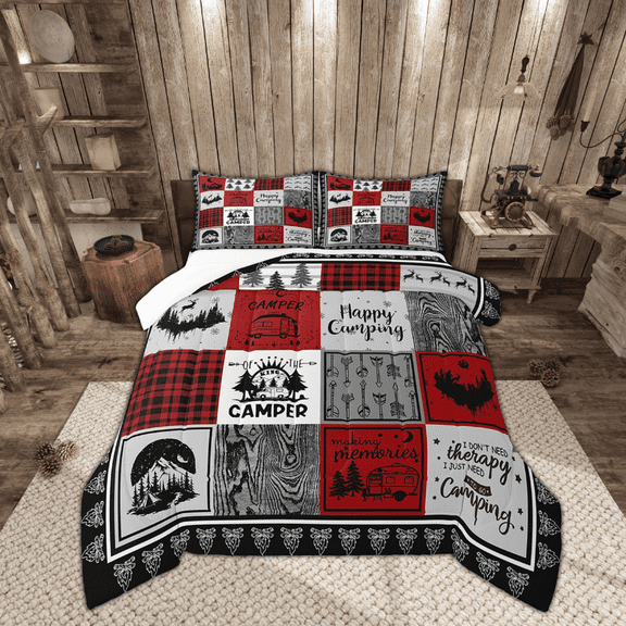 YST Kids Happy Camping Comforter Set Twin,Rustic Cabin Rv Camper Bedding Set for Bunk Travel Trailer,Red and Black Buffalo Plaid Quilt Bed Set,Christmas Pine Tree Deer Comforter Set 2Pcs