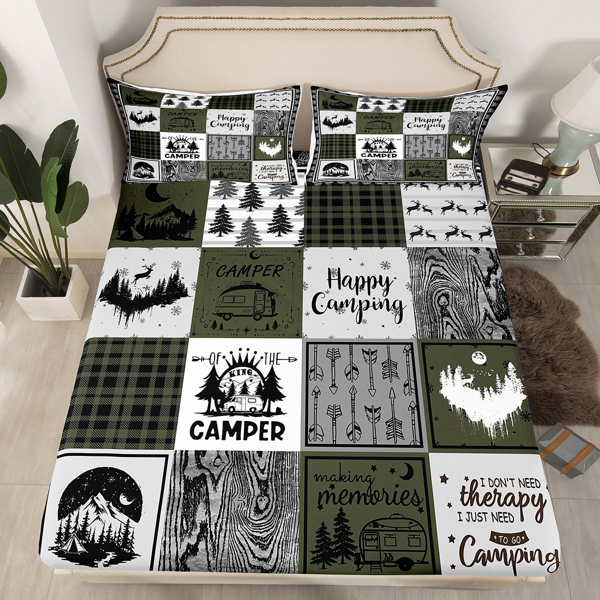 YST Kids Happy Camping Fitted Sheet Twin,Rustic Rv Camper Bedding Set ...