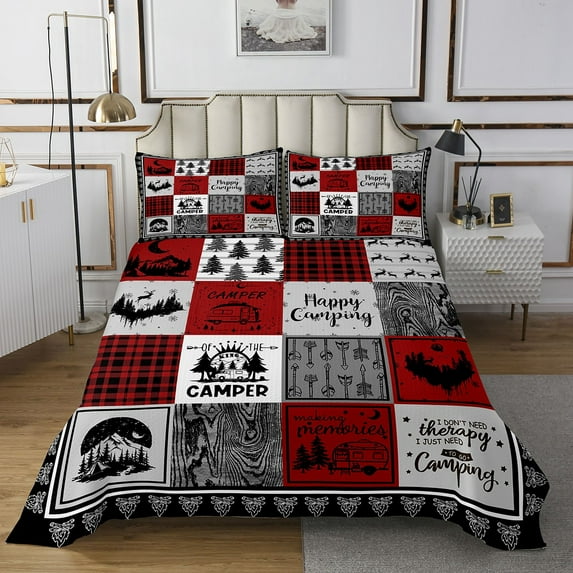YST Kids Happy Camping Quilt Bedding Set King,Rustic Cabin Rv Camper Bedspread for Bunk Travel Trailer,Red and Black Buffalo Plaid Quilts Set,Christmas Pine Tree Deer Coverlet Set