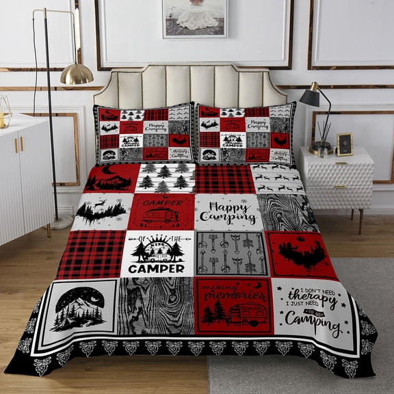 YST Kids Happy Camping Quilt Bedding Set Twin,Rustic Cabin Rv Camper Bedspread for Bunk Travel Trailer,Red and Black Buffalo Plaid Quilts Set,Christmas Pine Tree Deer Coverlet Set