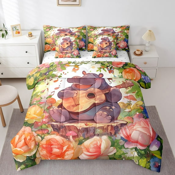 Hippo Comforter Set Queen 7 Piece,Funny Animal Print Hippo Bedding Set Guitar Music Decor for Bedroom,Jungle Flowers Bed in a Bag with Fitted Sheet,Flat Sheet,Pillowcases & Shams