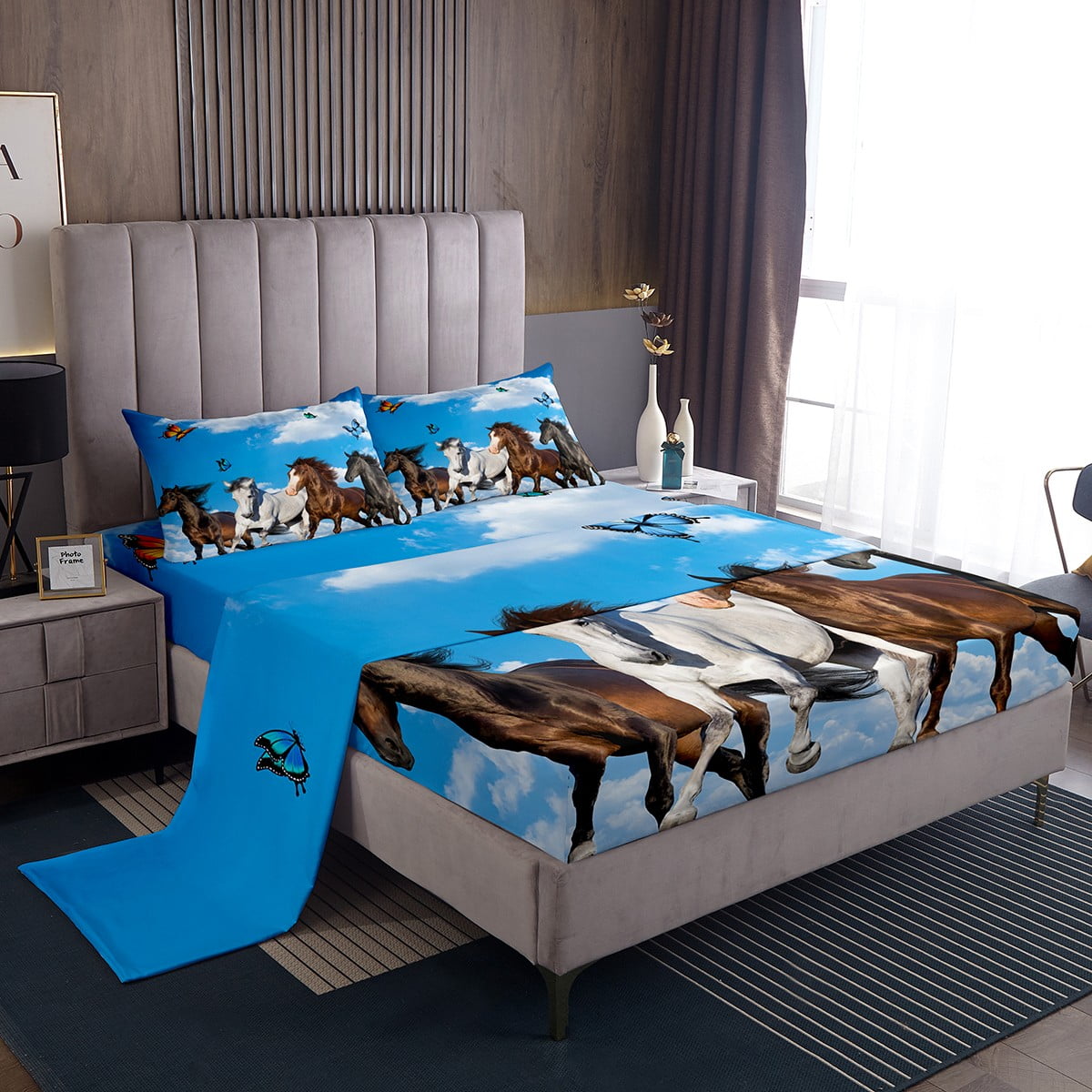 YST Kids Horse Bed Set White Brown Galloping Bed Sheets Set, Rustic