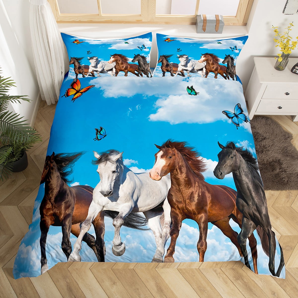 YST Kids Horse Duvet Cover Full White Brown Galloping Bedding Set