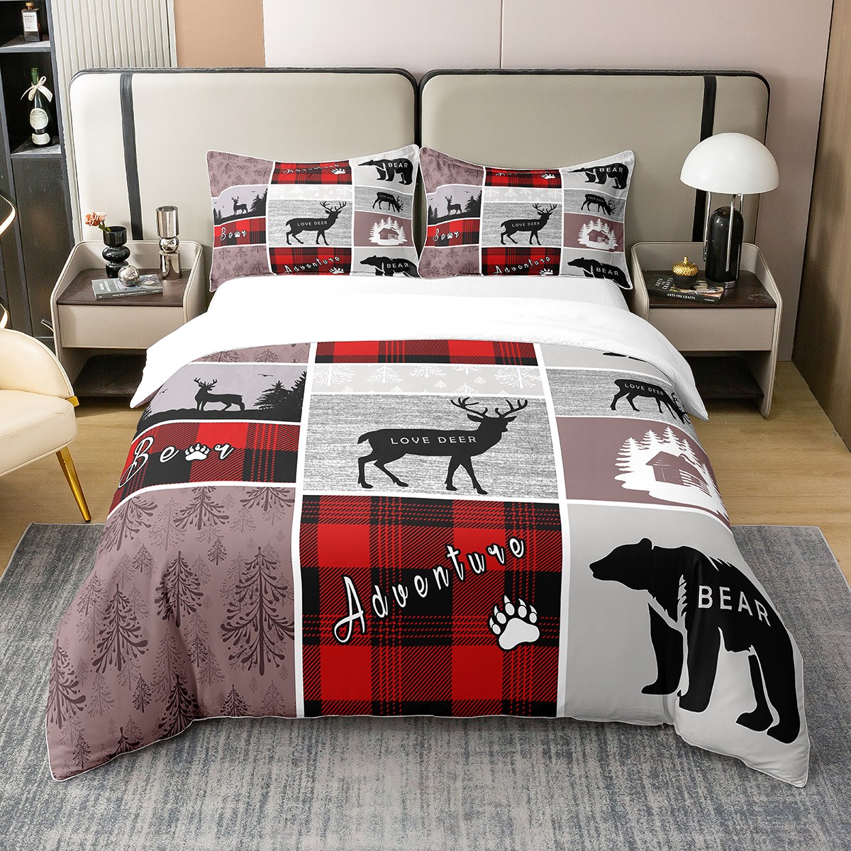 4Pcs Polyester Elk Pattern Duvet Pillow Quilt Cover Sheet Cases Bedding Set 1.5m-2.0M