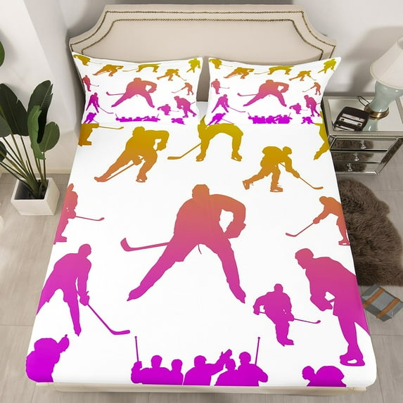 Ice Hockey Bed Sheets Full,Sports Game Event Fitted Sheet,Hockey Player Bedding Set Teens,Winter Sports Hockey Puck Bed Set with 2 Pillowcases Wrinkle Free,Yellow Purple Ombre