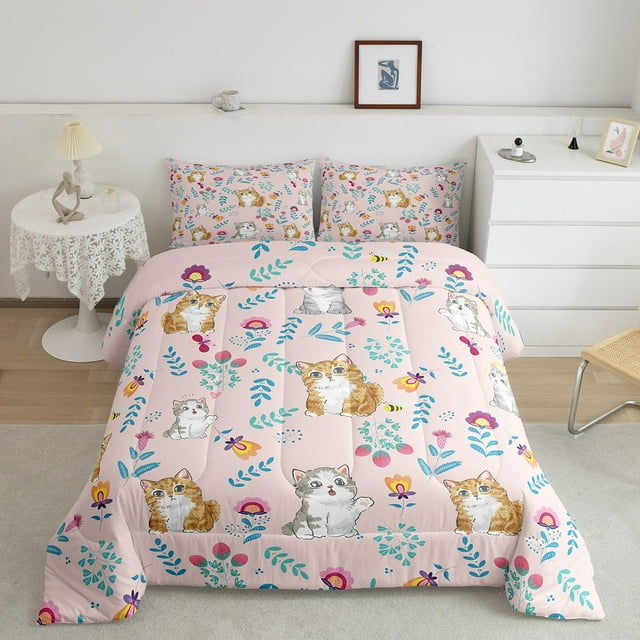 YST Kids Kawaii Cats Comforter Set For Girls Queen Cute Cat Bedding Set