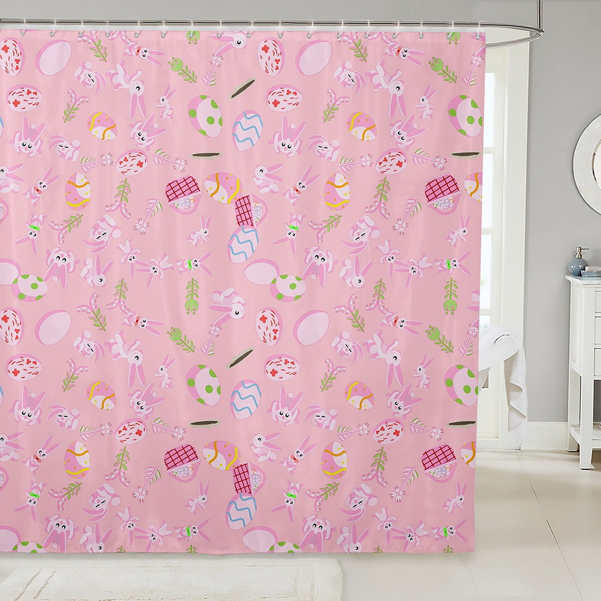 YST Kids Kawaii Rabbit Shower Curtain Twin Easter Eggs Pink Bath