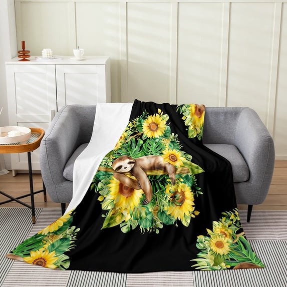 Kawaii Sloth Throw Blanket Queen 90x90,Sunflower Palm Leaf Blanket ,Cartoon Lovely Sloth Fleece Blanket,Leaf Botanical Wild Animal Bed Blanket,Warm All Season