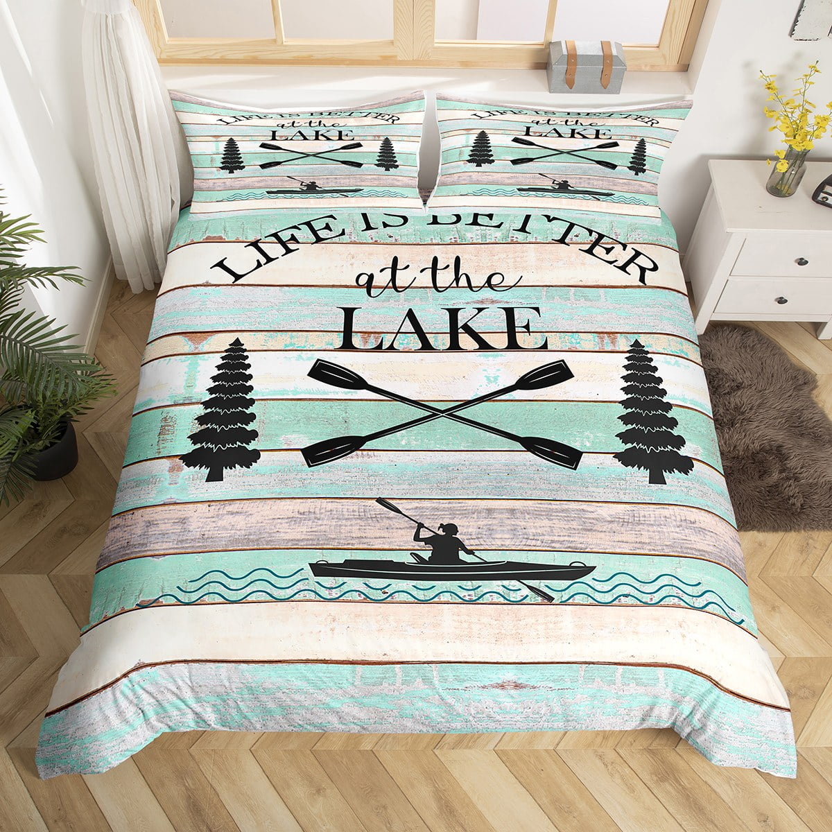YST Kids Lake House Duvet Cover 3Pcs, Lake Paddle Decor Comforter Cover