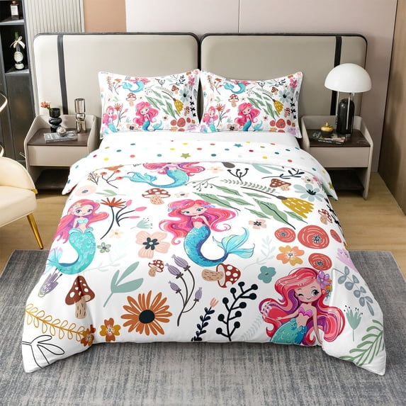 Erosebridal Mermaid 100% Natural Cotton Duvet Cover,Cute Watercolor Fish Tail Comforter Cover Queen,Rustic Flowers Mushroom Bedding Set,Natural Bedspread Cover 3pcs