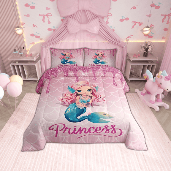 Erosebridal Mermaid Princess Bedding Set Mermaid Scales Full Comforter Set Glitter Pink Sequins Bed Comforter Sets 1 Comforter And 2 Pillow Cases Princess Room Decor