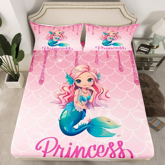 Erosebridal Mermaid Princess Bedding Set Mermaid Scales Twin Bed Sheets Glitter Pink Sequins Fitted Sheet Princess Cute Fitted Bed Sheet Bedroom Decor,1 Pillow Case