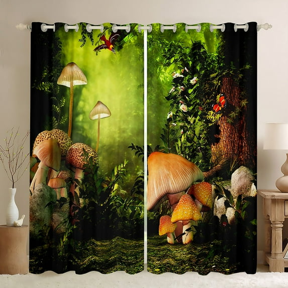 Mushroom Curtains & Drapes,Magical forest Wonderland 30%-50% Blackout Curtains Enchanted Botanical Fungus Natural Plant Curtains,Cute Mushroom Theme Window Treatments 42Wx84L