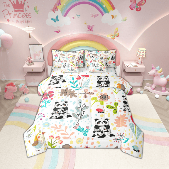 Panda Comforter Set 7 Piece Cute Woodland Botanical Flowers Full Bed In A Bag With Sheets ,Cartoon Panda Animal Bedding Set Jungle Leaves Butterfly Bird Sheet Set