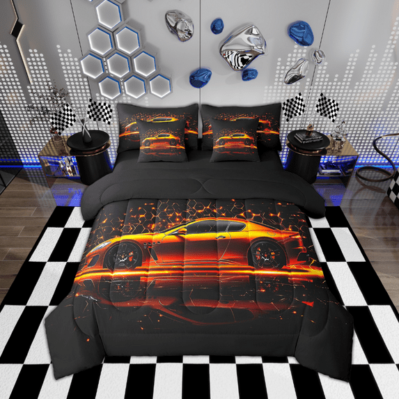 Racing Car Comforter Set With Sheets Full Neon Honeycomb Race Car Bedding Set Extreme Sports Games 7 Piece Bed In A Bag Geometric Beehive Sports Car Bed Set Gold Orange